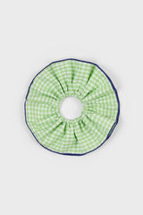Lime green gingham and navy trim scrunchie