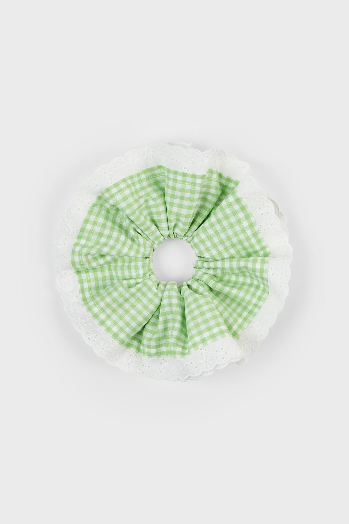 Lime green gingham white eyelet trim scrunchie
