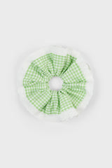 Lime green gingham white eyelet trim scrunchie