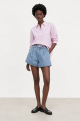 Mid blue single pleat wide leg denim shorts