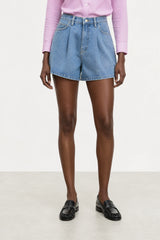 Mid blue single pleat wide leg denim shorts