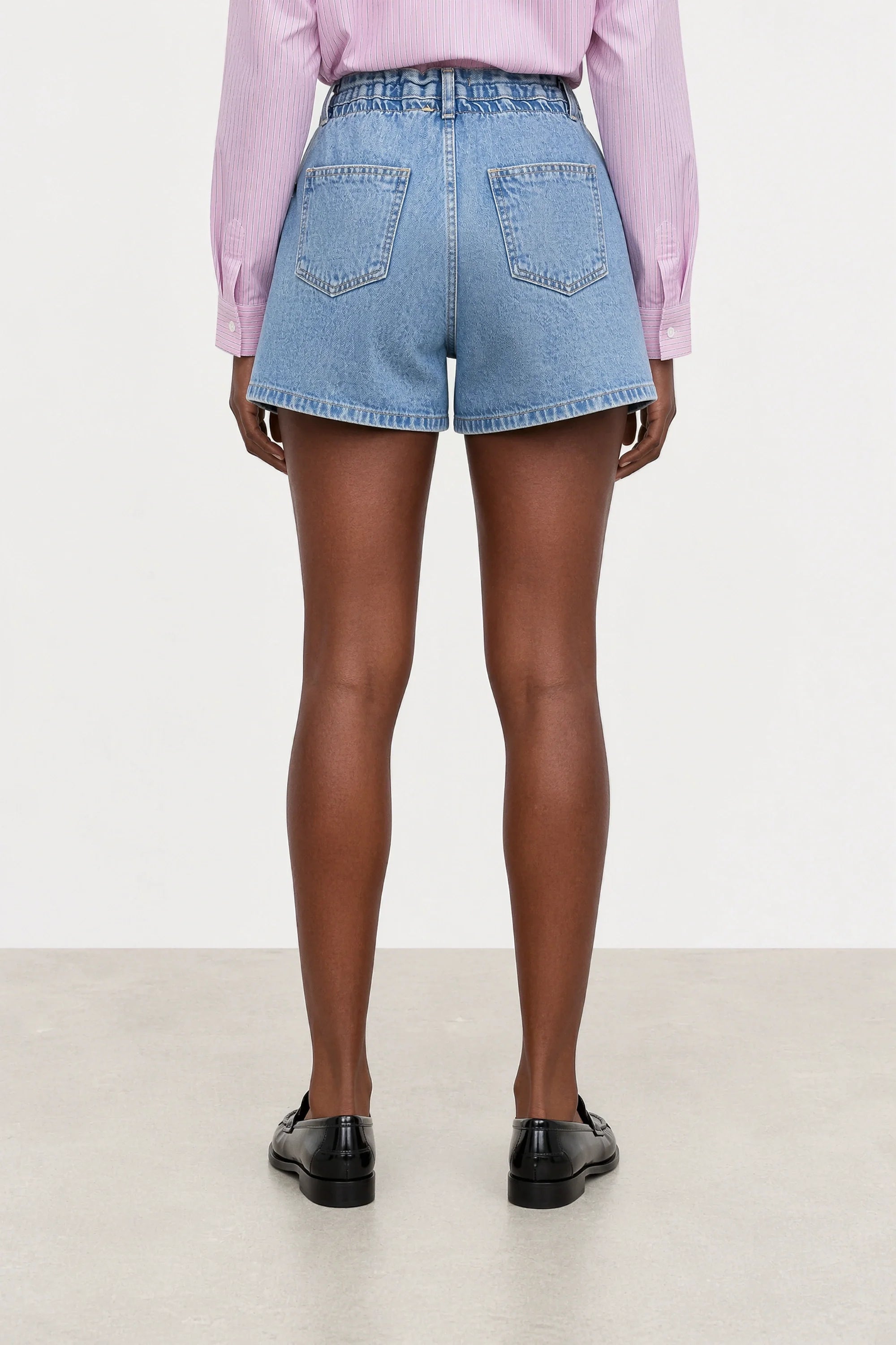 Mid blue single pleat wide leg denim shorts