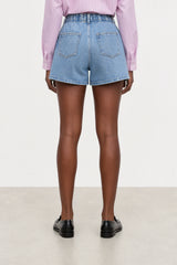 Mid blue single pleat wide leg denim shorts