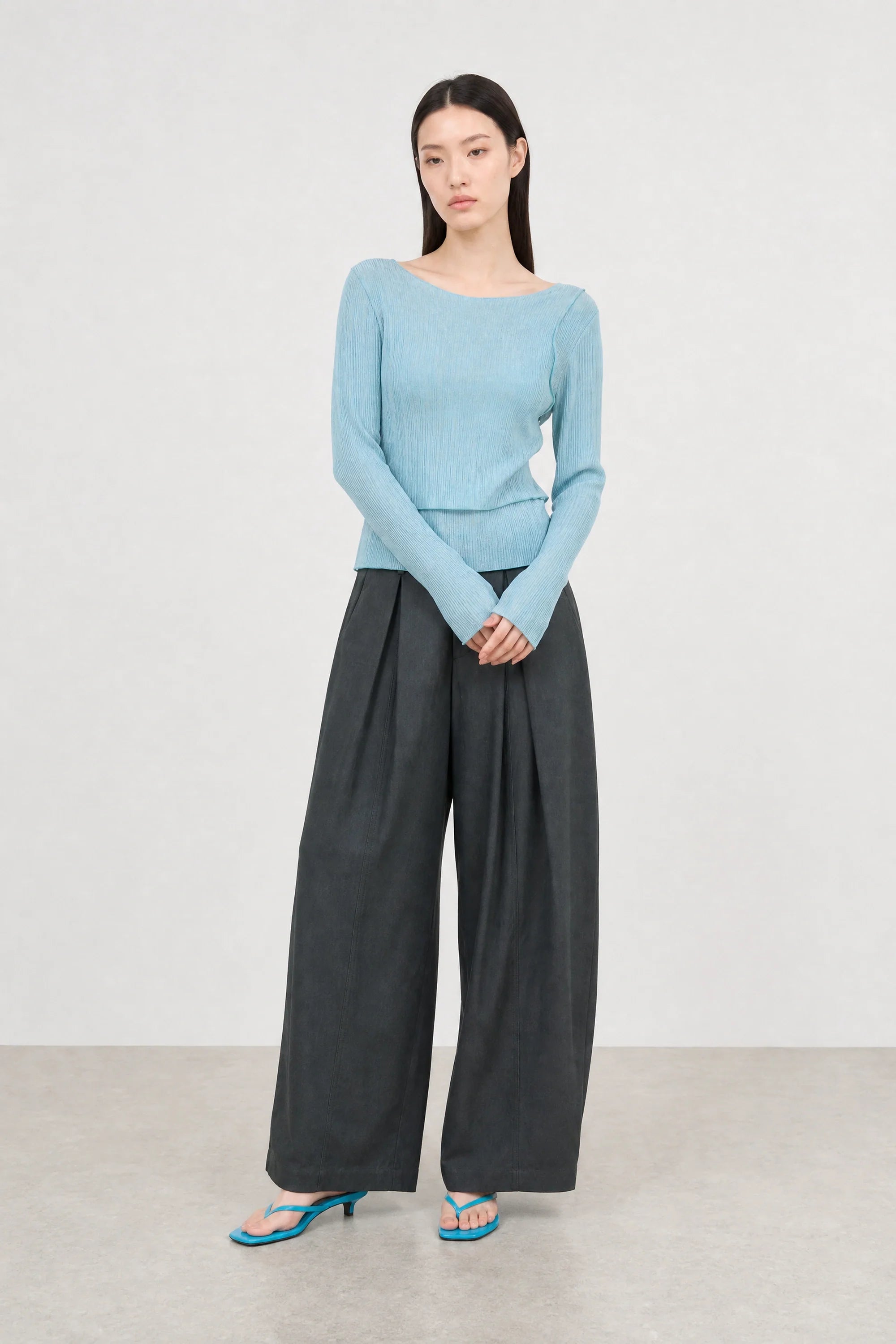 Mid blue ribbed double layer top