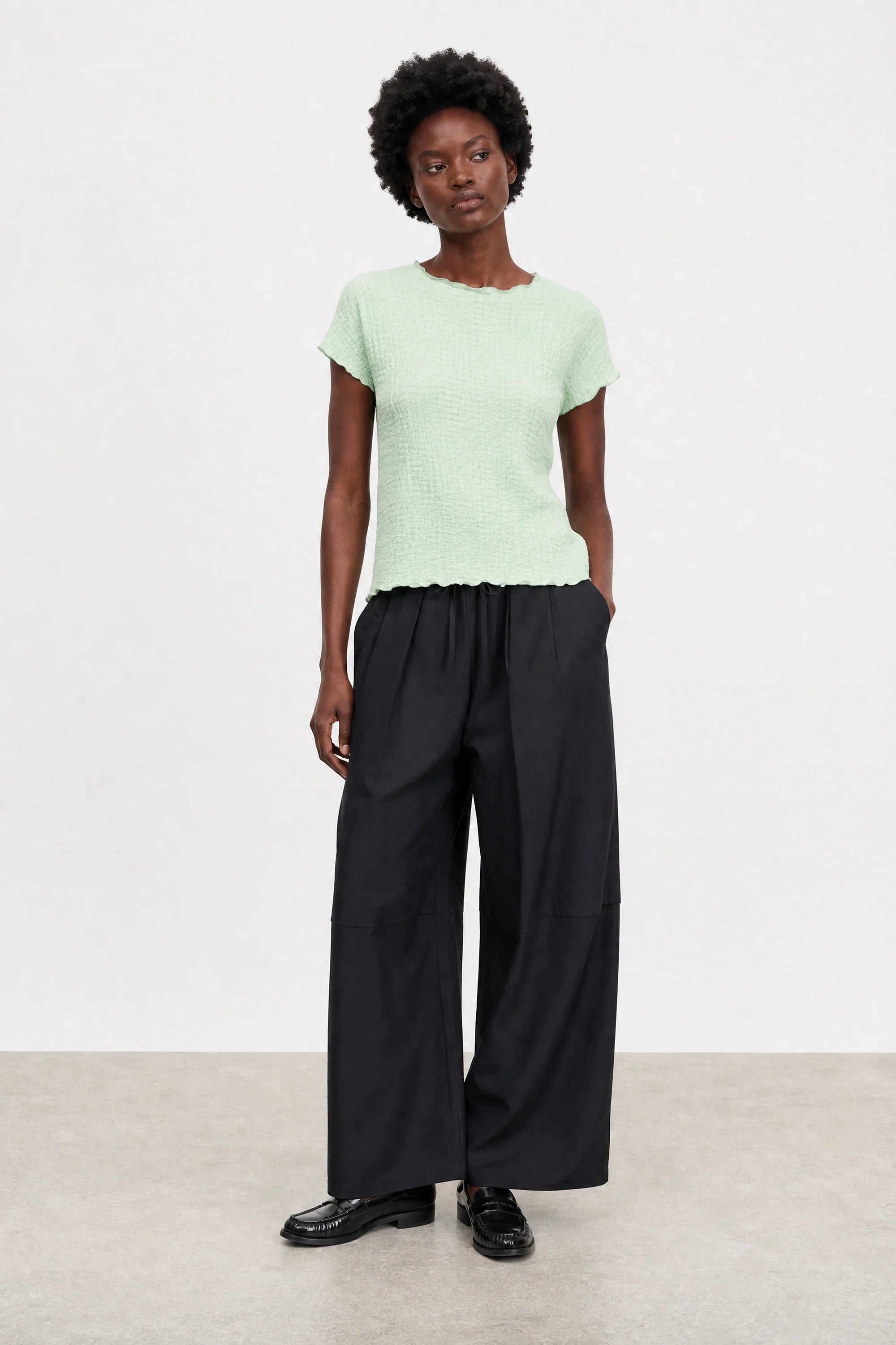 Mint green bubble texture mock neck short sleeve top