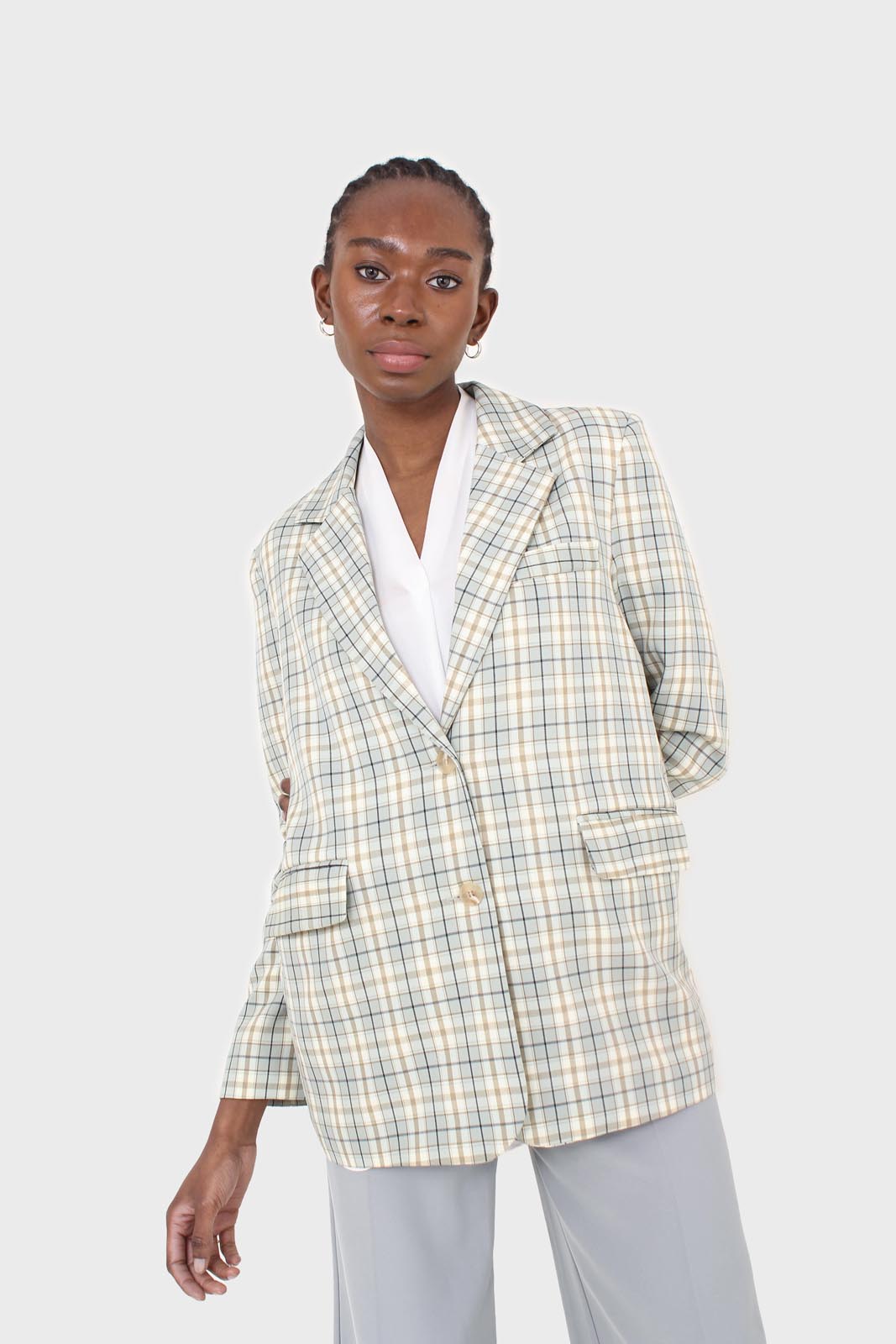 Mint green and beige check oversized blazer