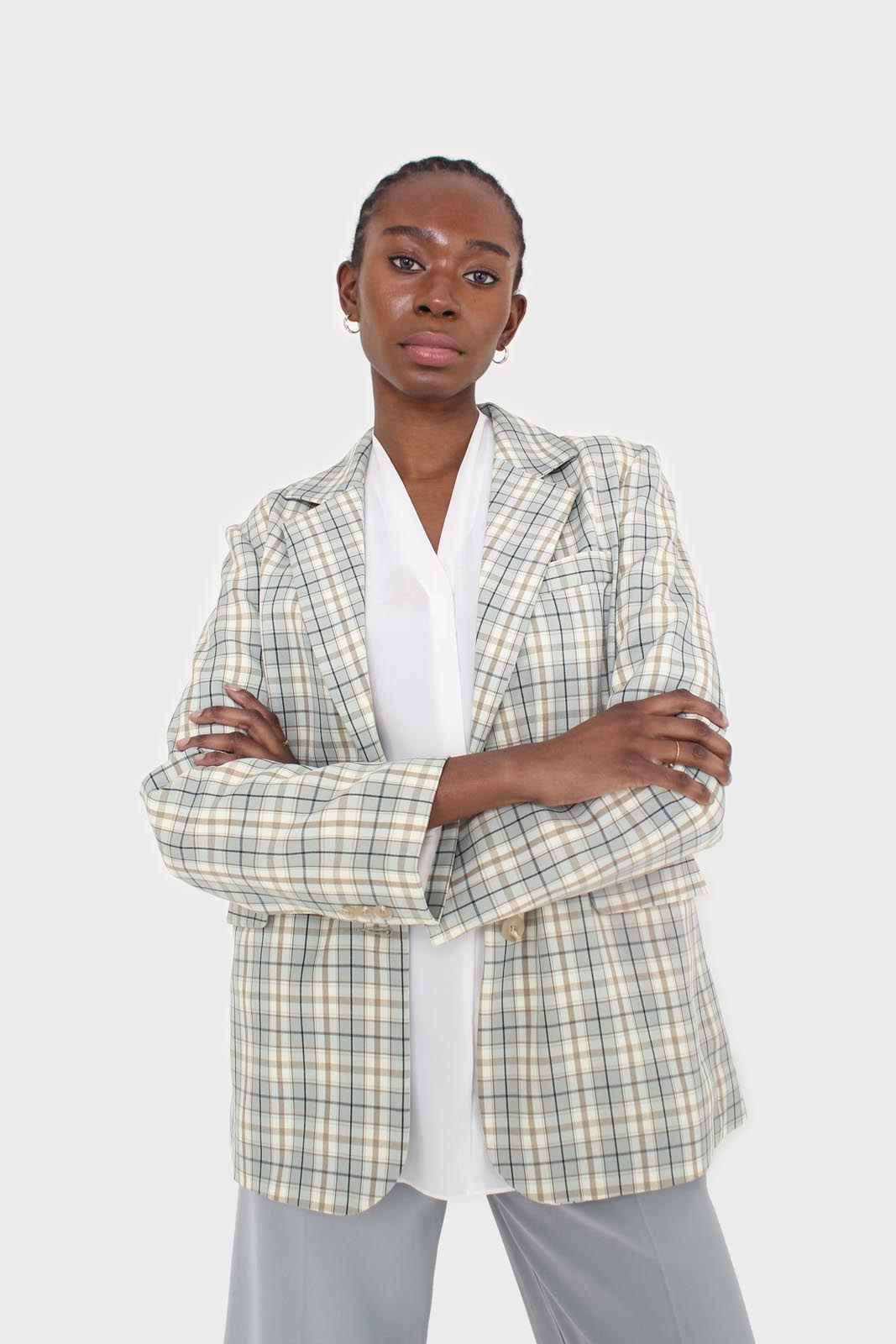 Mint green and beige check oversized blazer