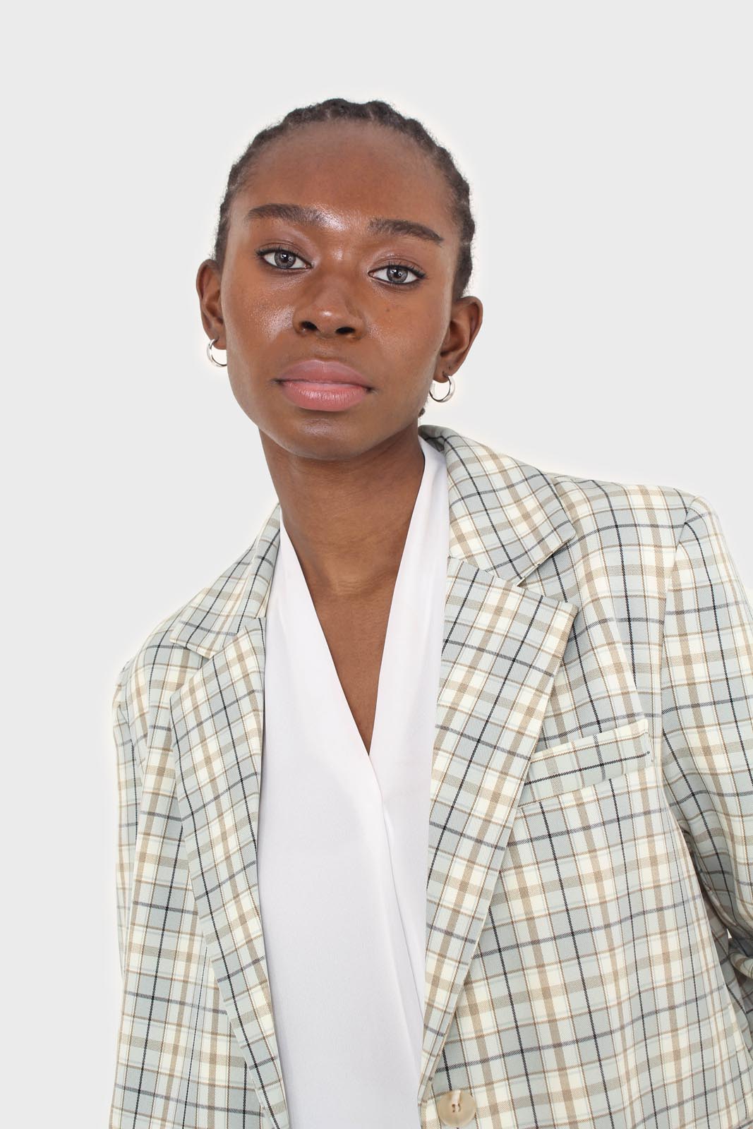 Mint green and beige check oversized blazer