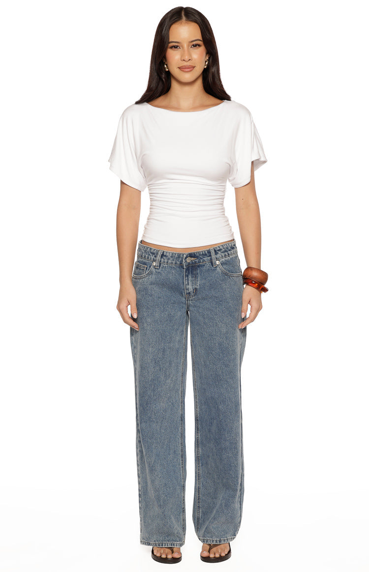 Muriel White Ruched Waist Jersey Top