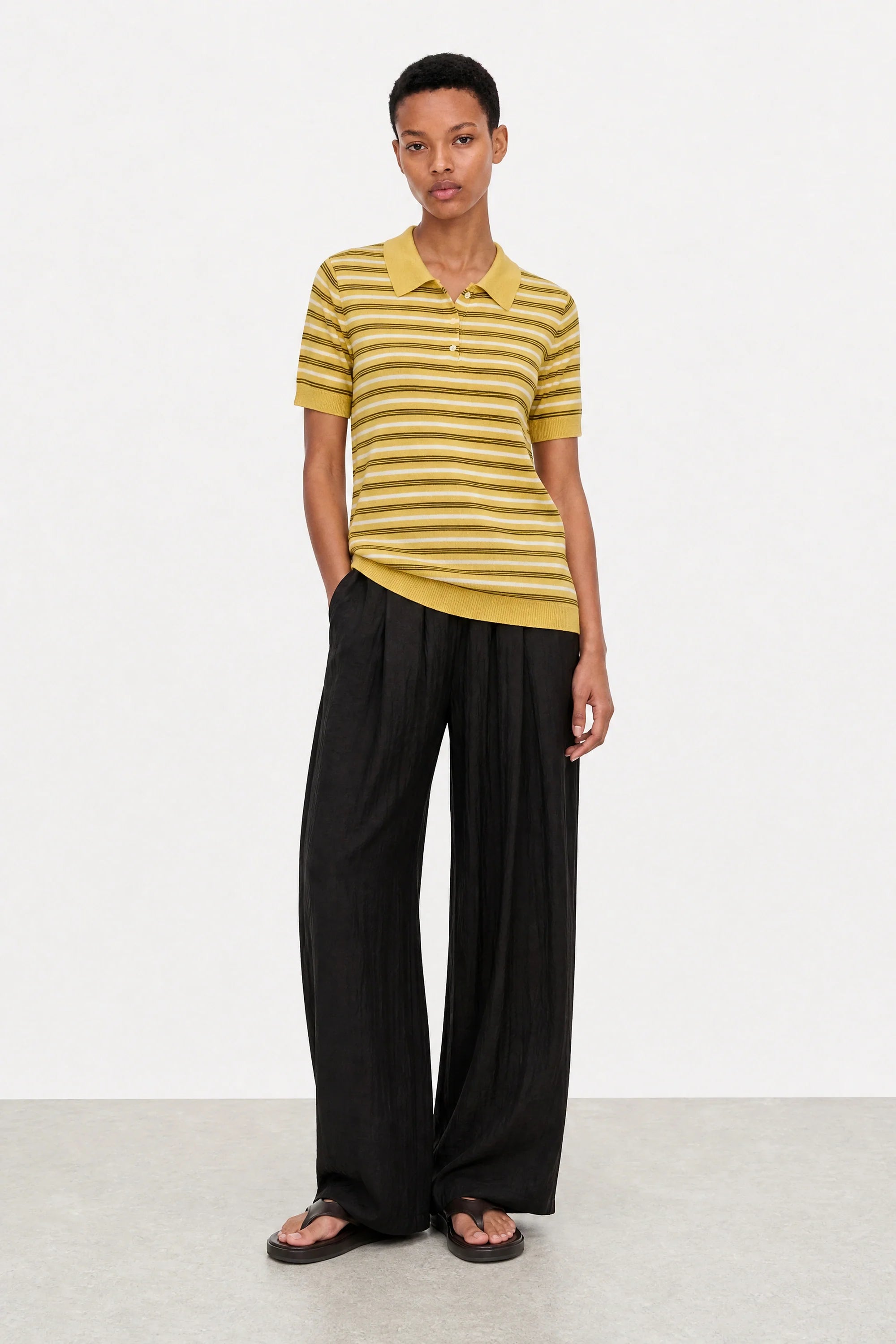 Mustard brown and white multistripe knit polo