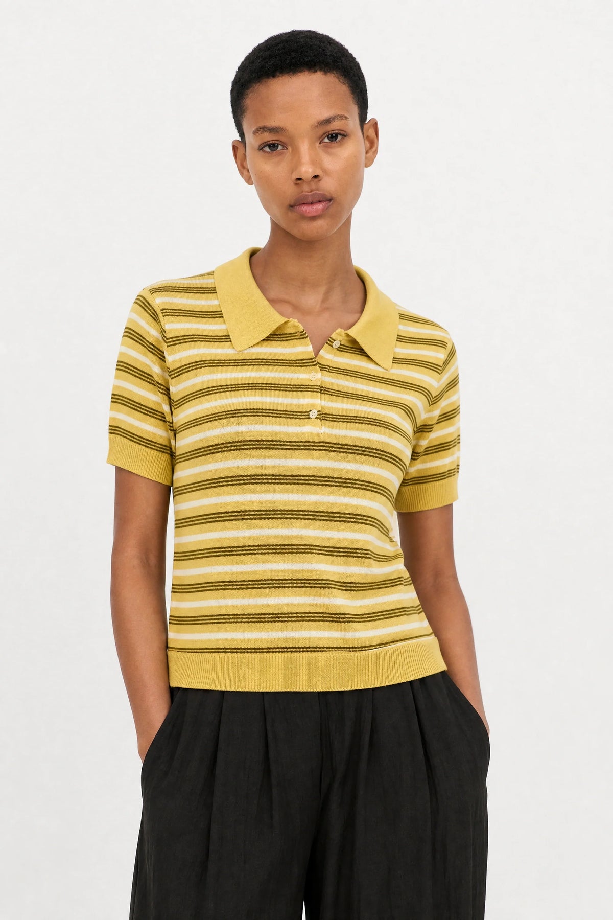 Mustard brown and white multistripe knit polo