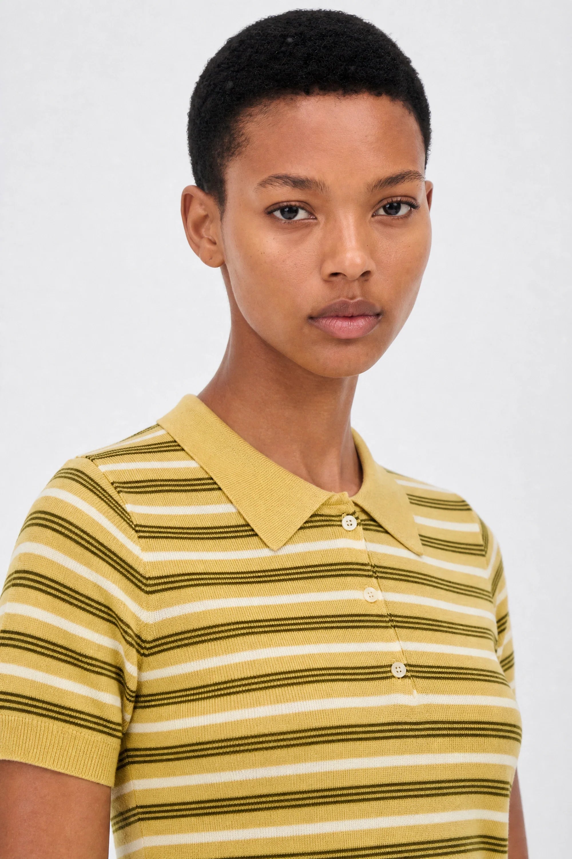 Mustard brown and white multistripe knit polo