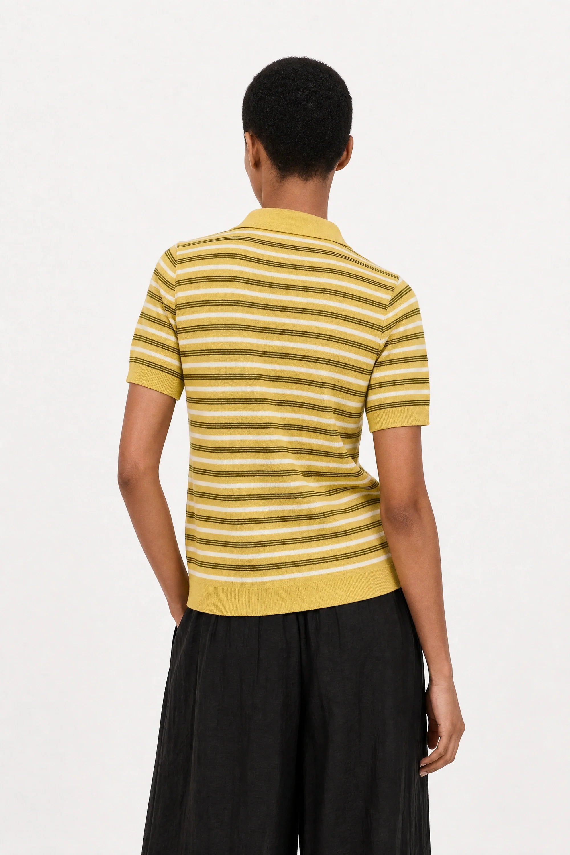 Mustard brown and white multistripe knit polo