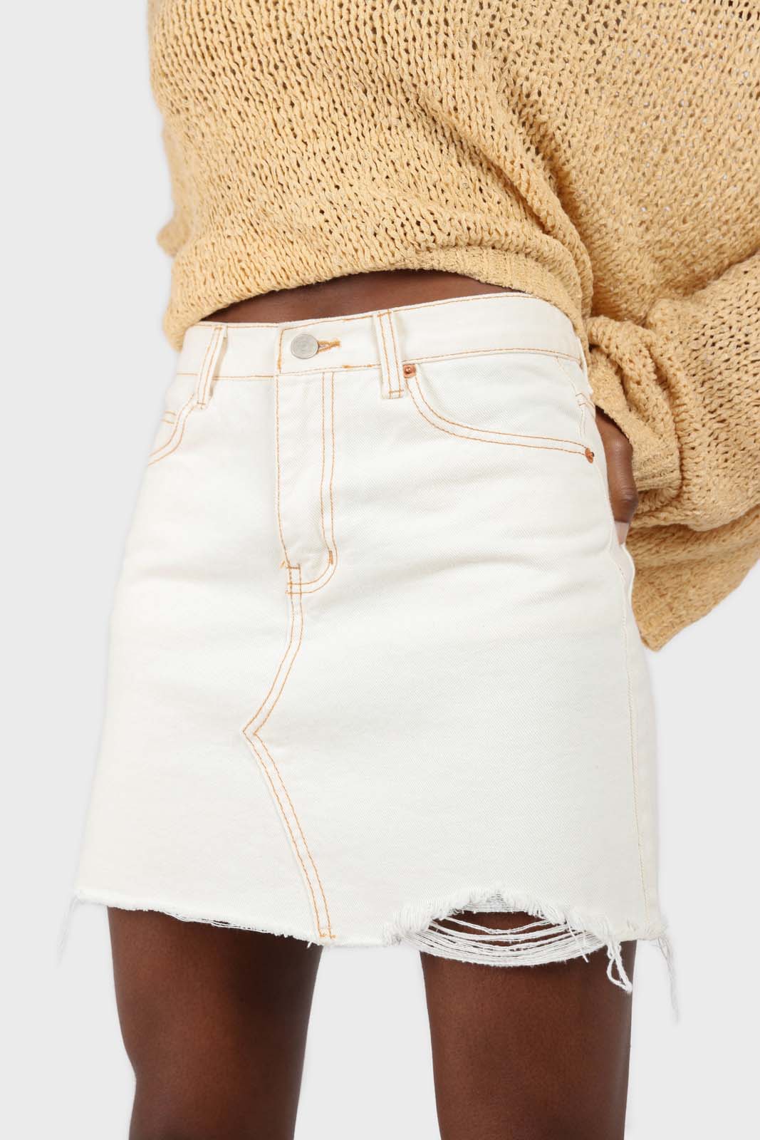 Natural ivory raw hem denim mini skirt - 3755