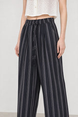 Navy blue and white linen blend dotted stripe trousers