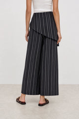 Navy blue and white linen blend striped scarf waist trousers