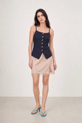 Navy blue button front thin strap vest top