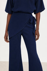 Navy blue ribbed flare trousers