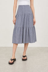 Navy blue tiny gingham checked tiered skirt