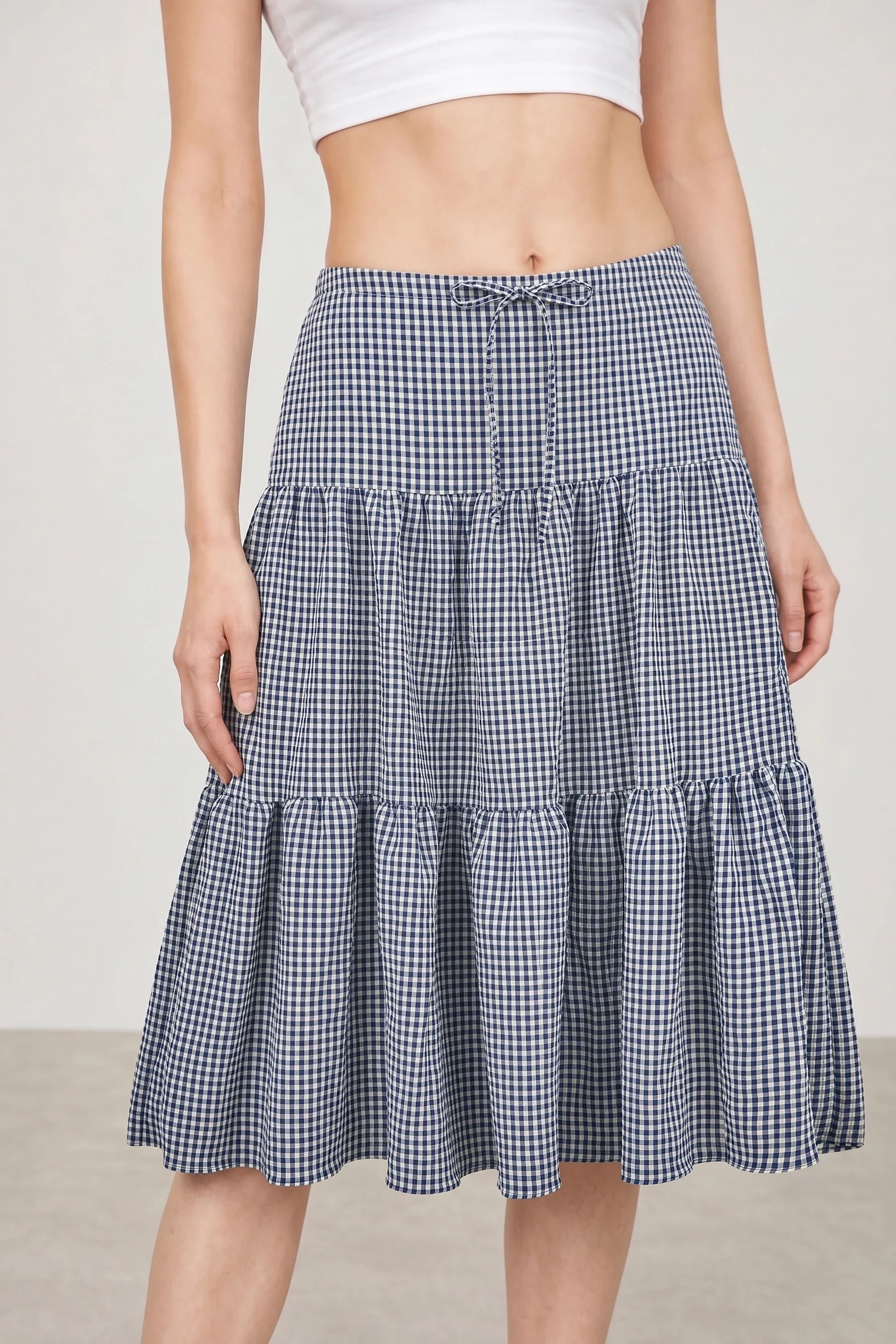 Navy blue tiny gingham checked tiered skirt