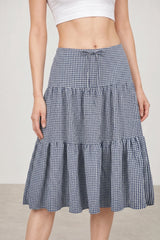 Navy blue tiny gingham checked tiered skirt