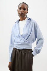 Pale blue linen plunging tie front shirt