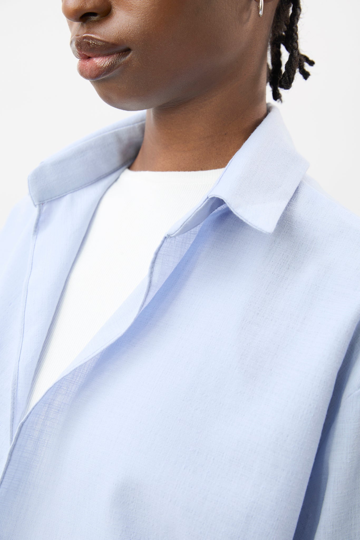 Pale blue linen plunging tie front shirt