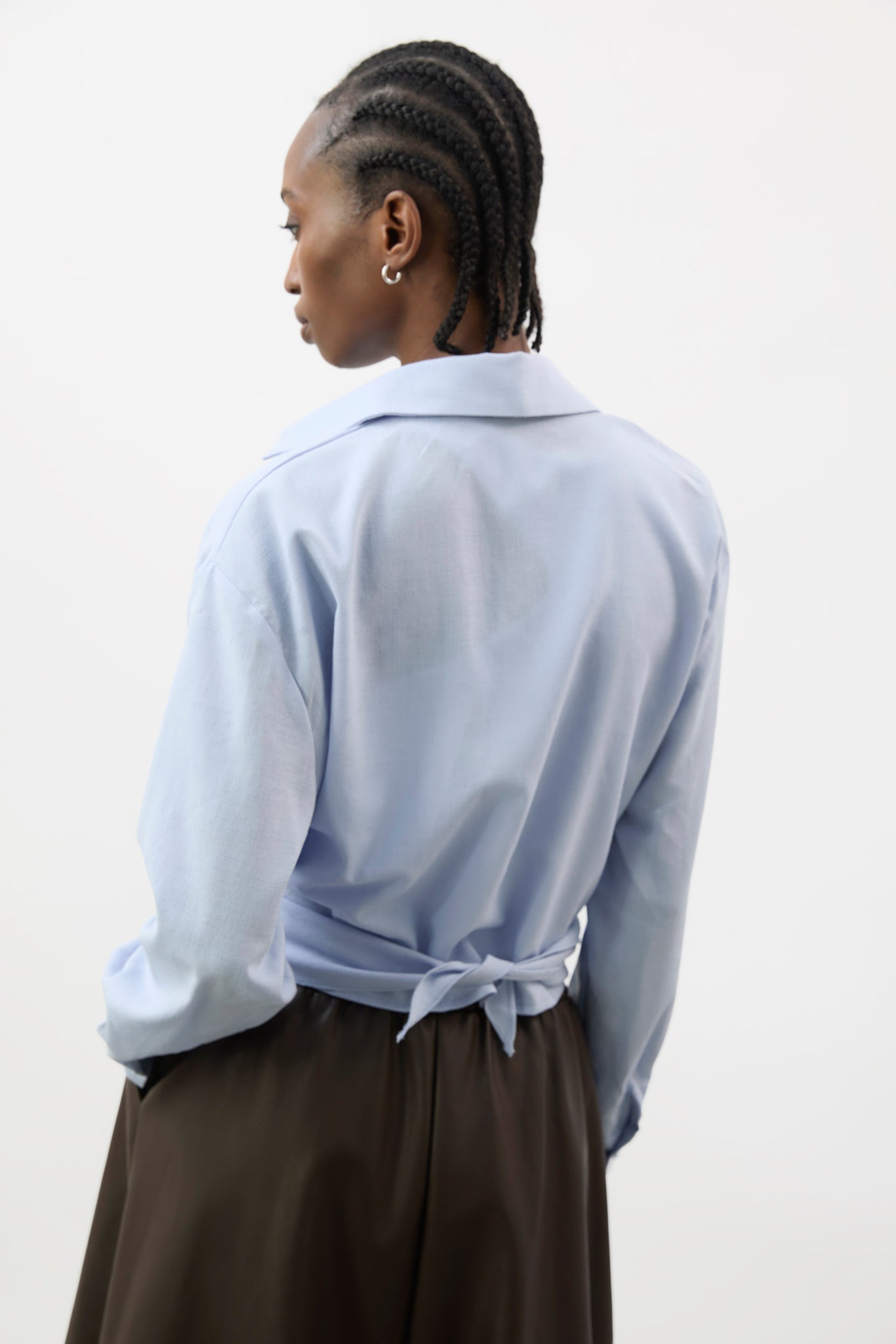 Pale blue linen plunging tie front shirt