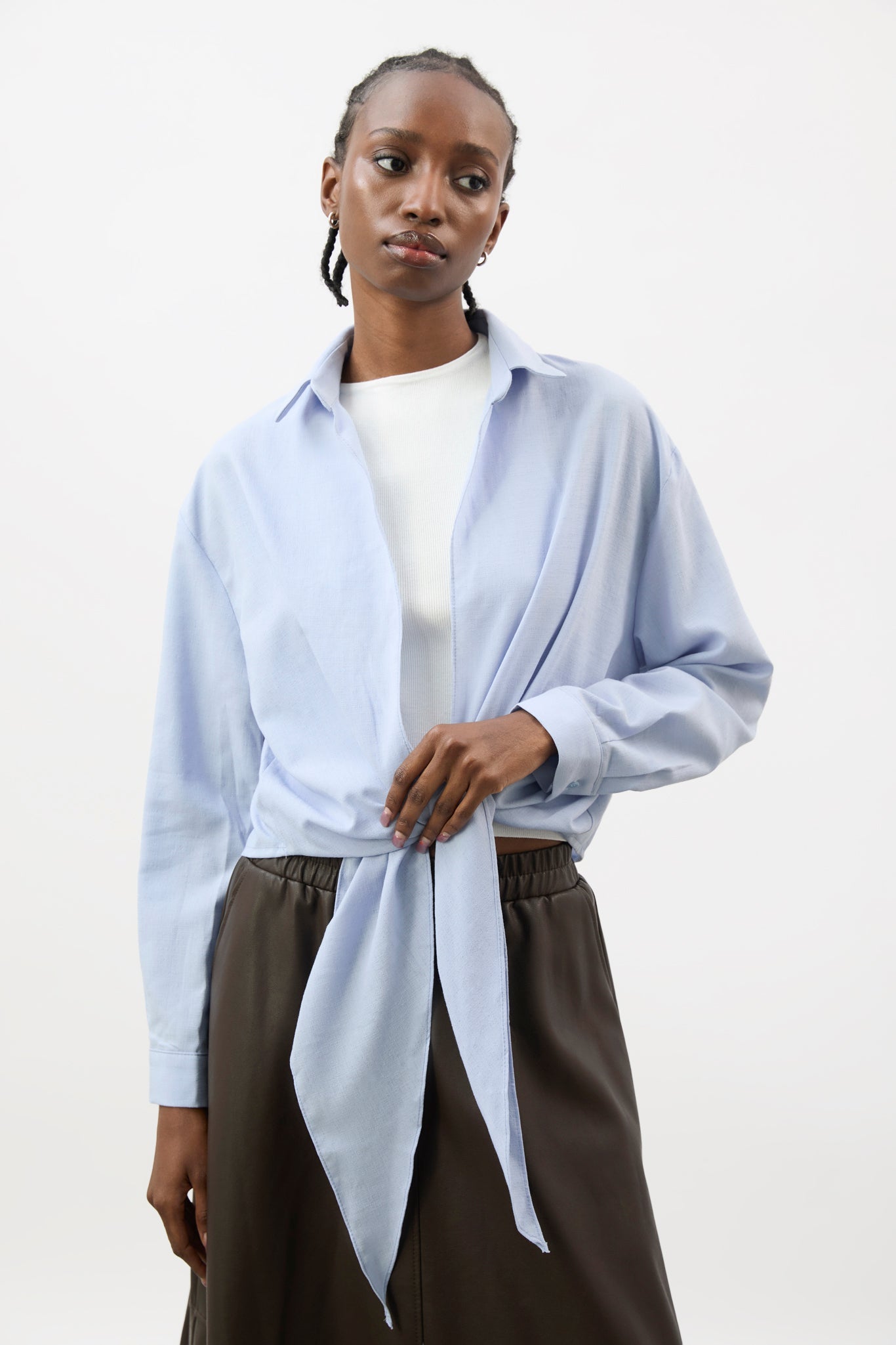 Pale blue linen plunging tie front shirt
