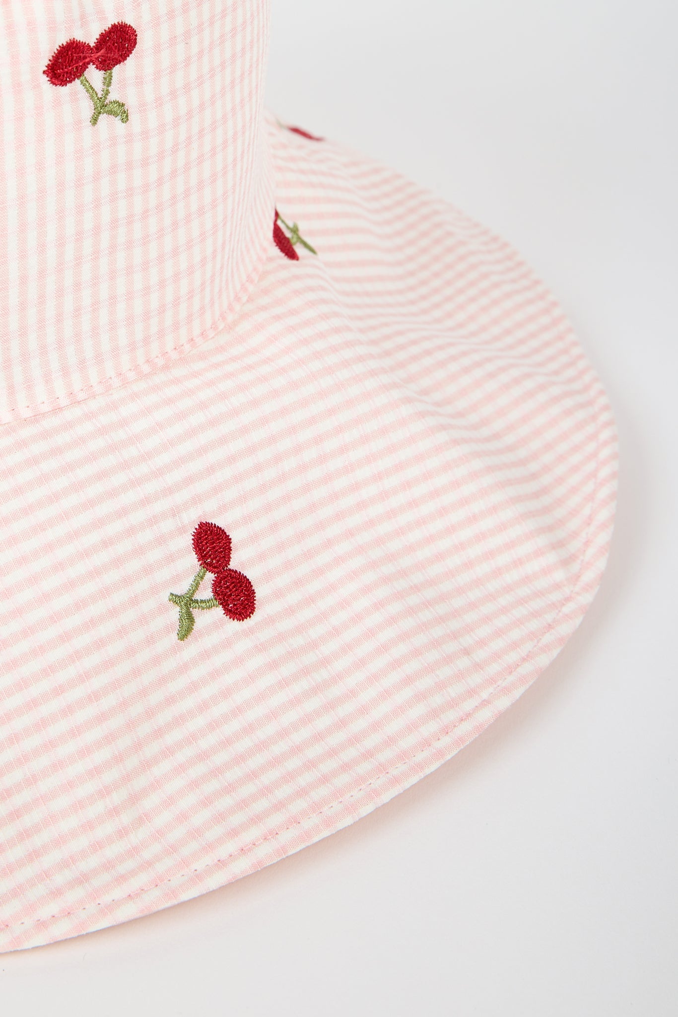 Pale pink gingham embroidered cherry reversible sun hat