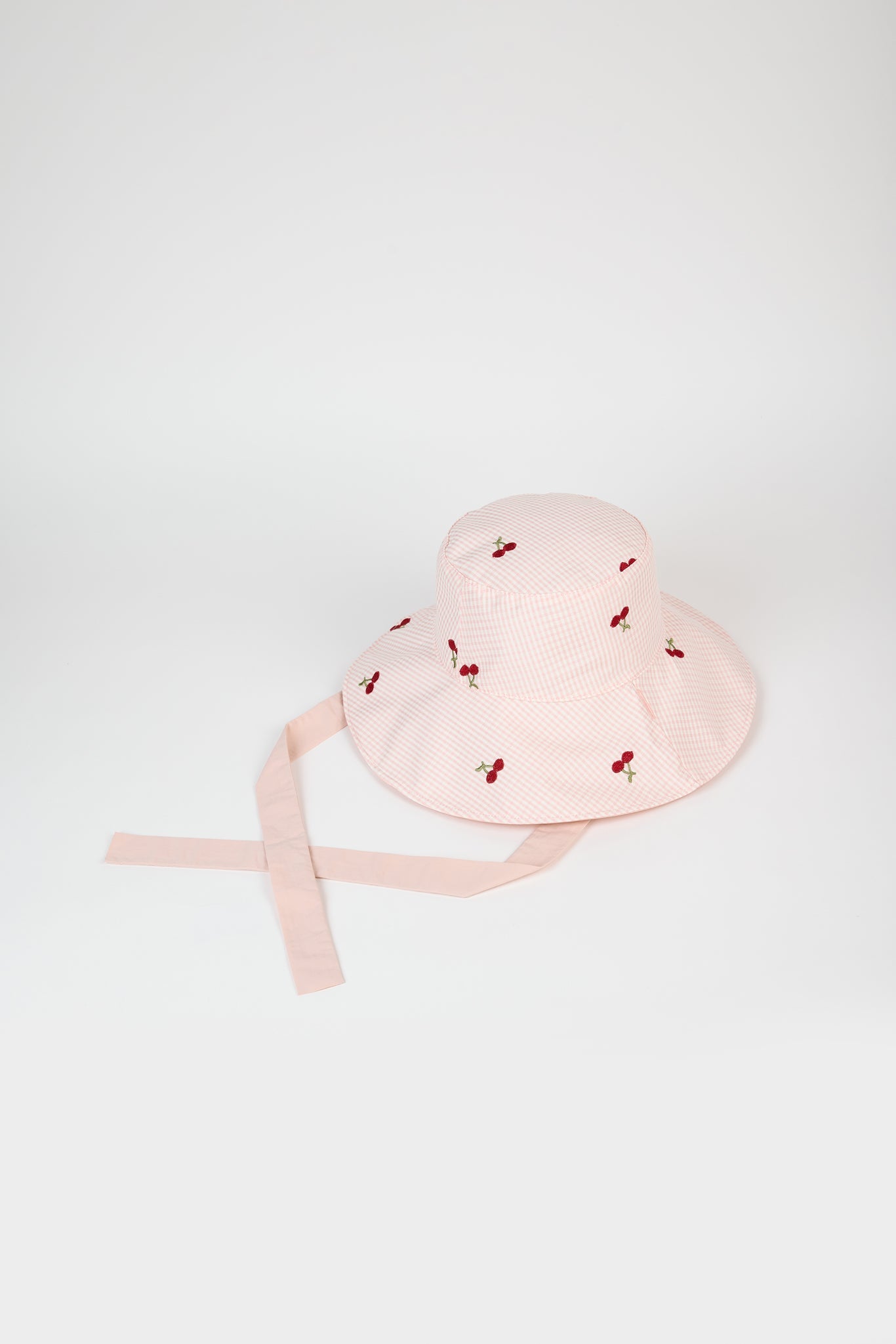 Pale pink gingham embroidered cherry reversible sun hat