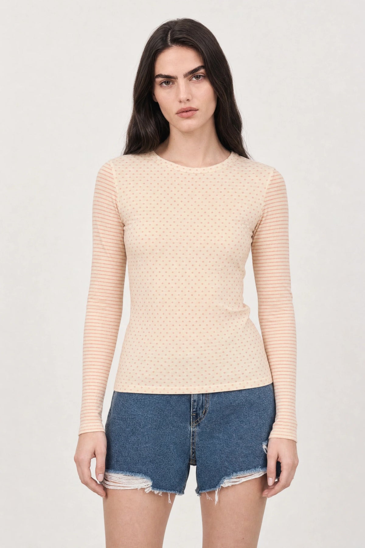 Pale yellow and pink polka dot striped long sleeved tee