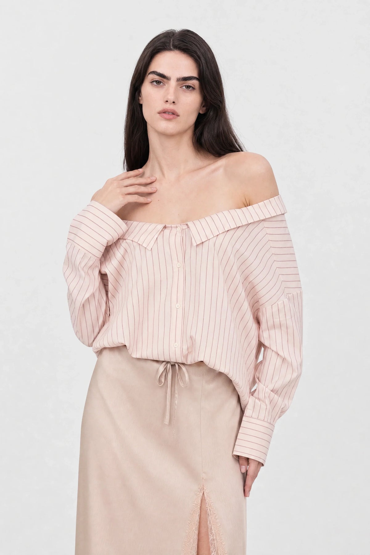 Pink and burgundy vertical striped draped neck shirt blouse