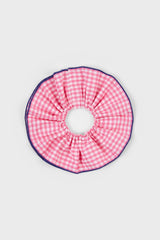 Pink gingham and navy trim scrunchie