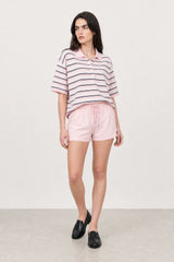 Pink white and black striped collared tee
