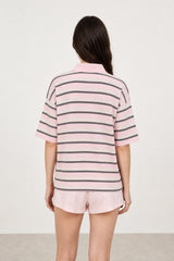 Pink white and black striped collared tee