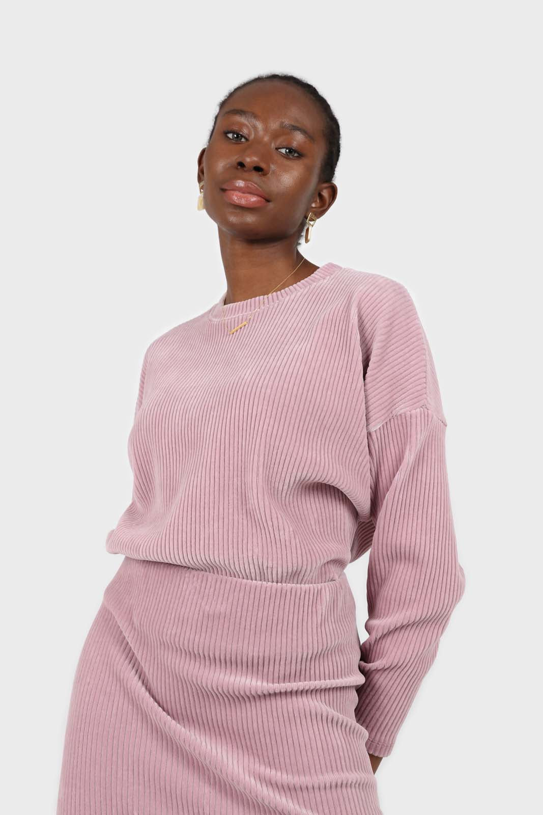 Pink ribbed velvet long sleeved top