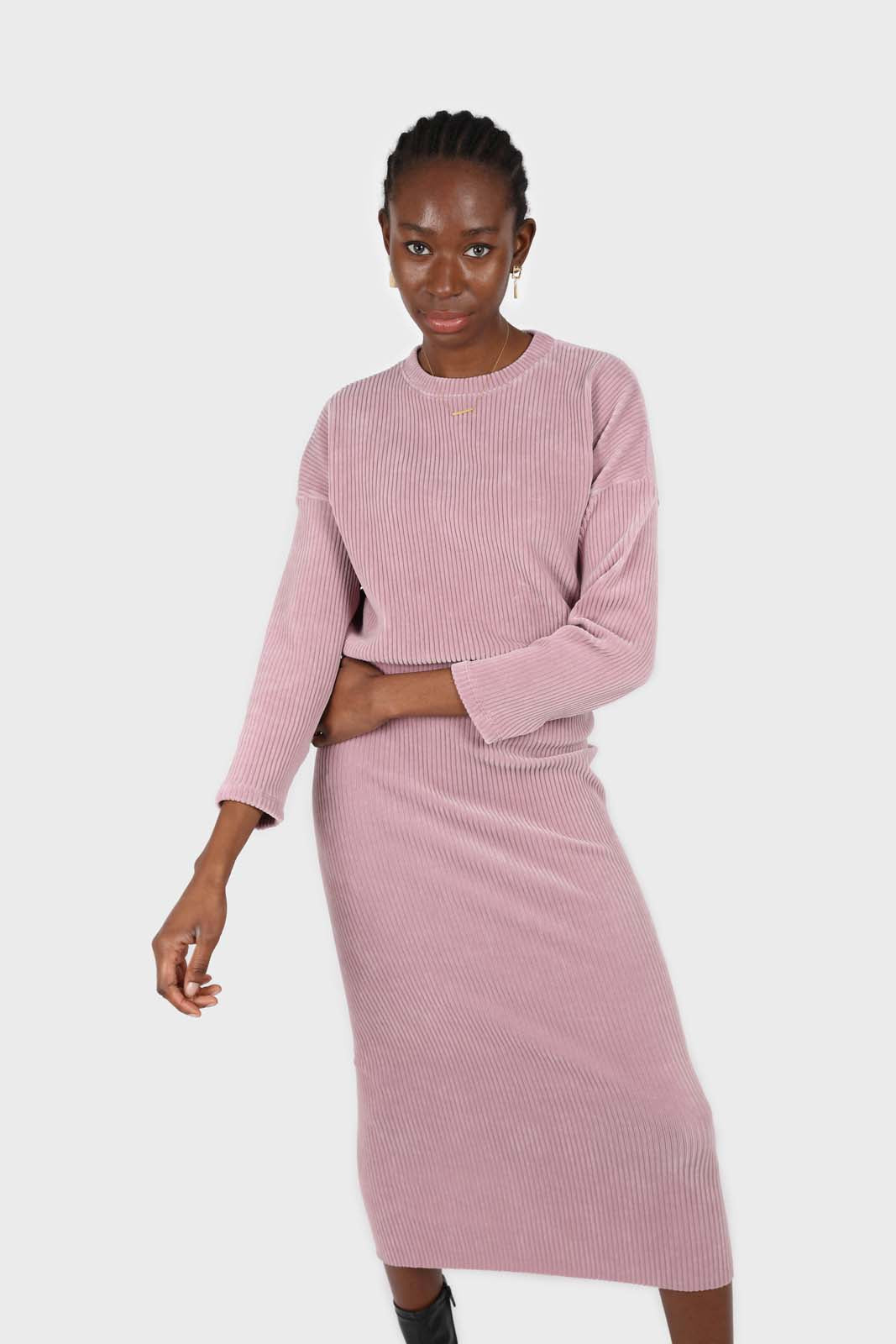Pink ribbed velvet long sleeved top