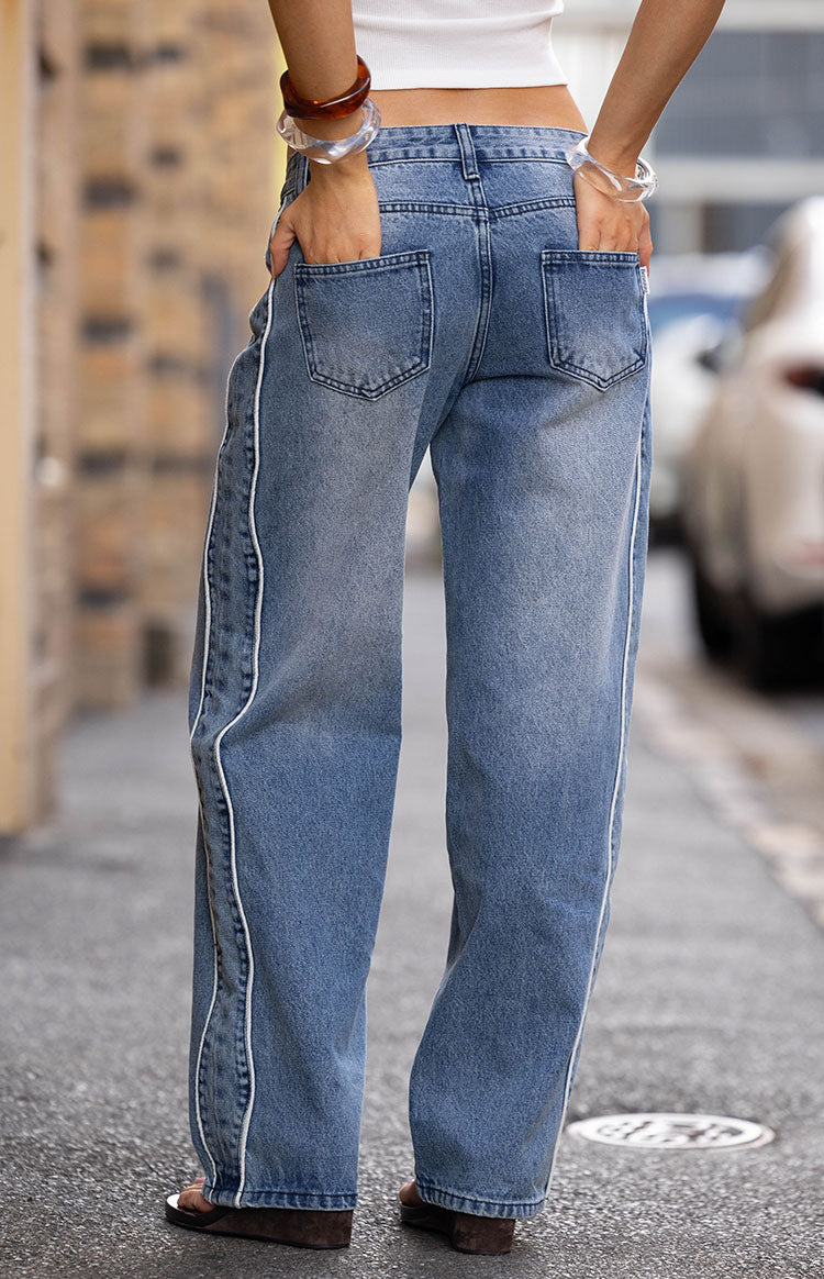 Posey Mid Wash Contrast Seam Wide Leg Jeans