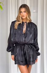 Quinton Black Satin Long Sleeve Tie Mini Dress