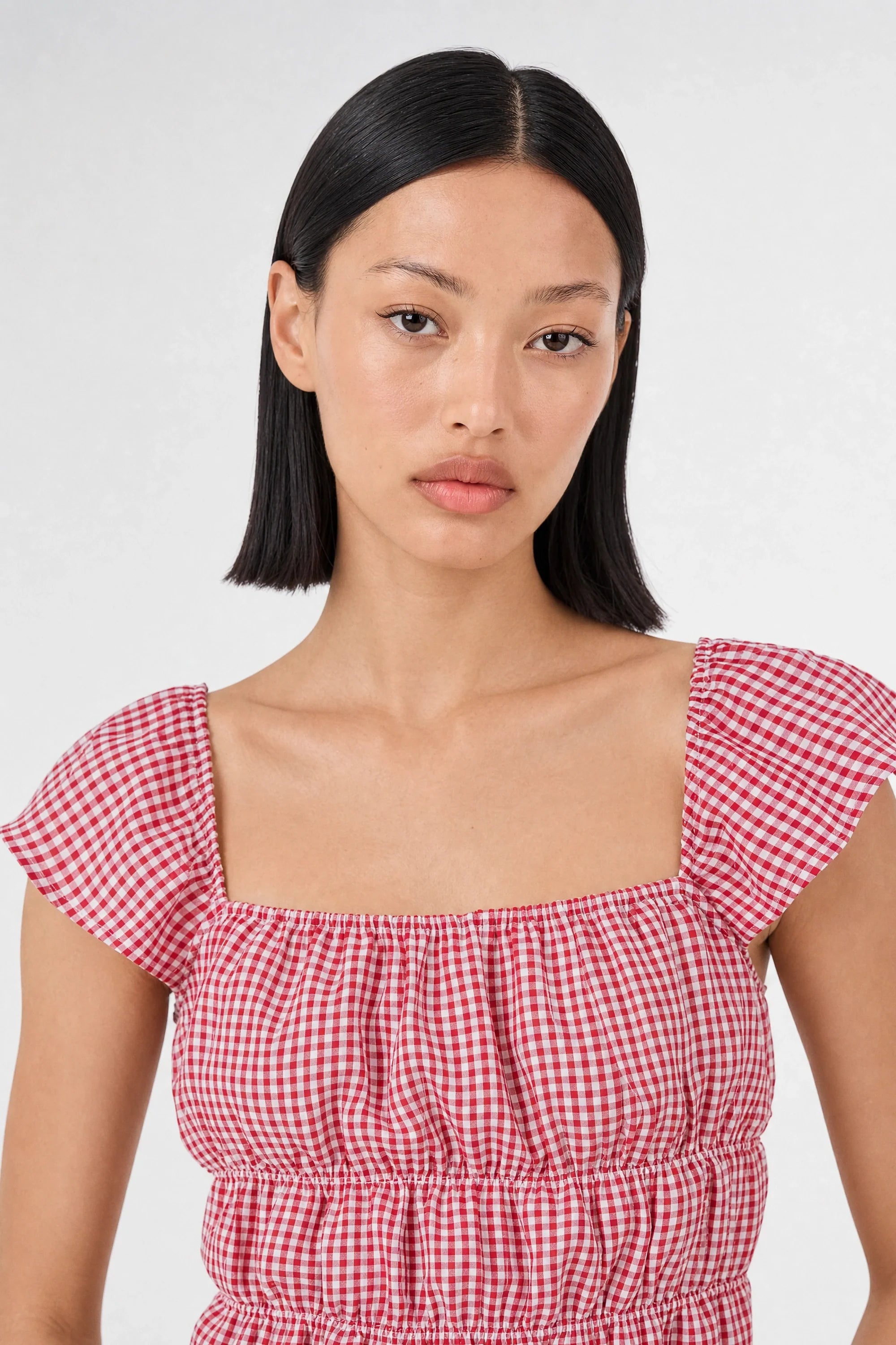 Red and white gingham ruched tank