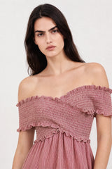 Red and white mini check ruched off shoulder dress