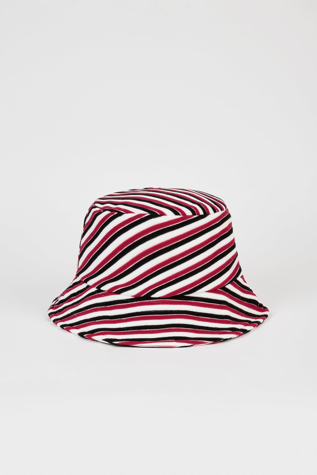 Red and white multistripe terrycloth bucket hat