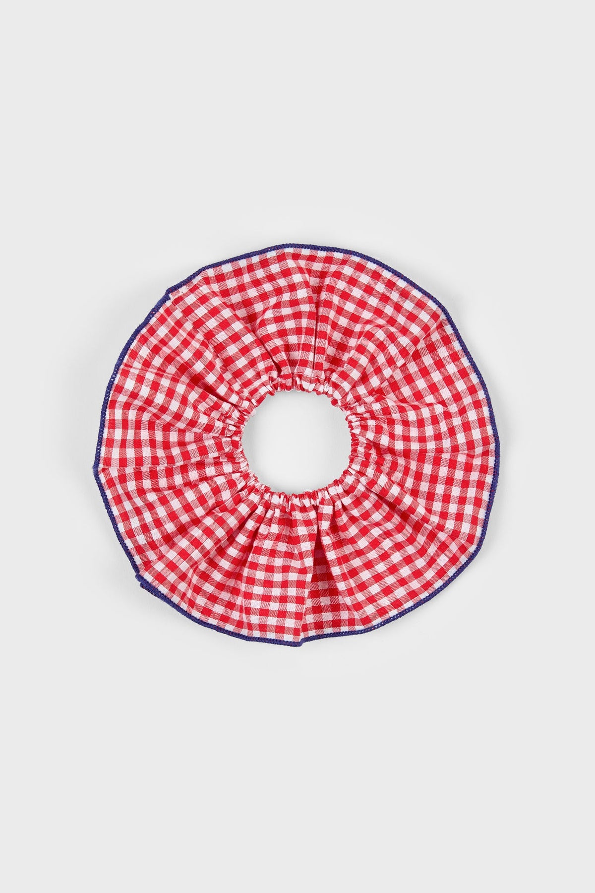 Red gingham and navy trim scrunchie