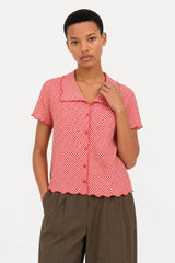 Red and white gingham lettuce trim short sleeve shirt