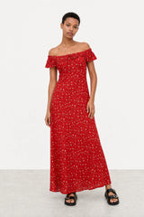 Red floral print frill straps silky dress