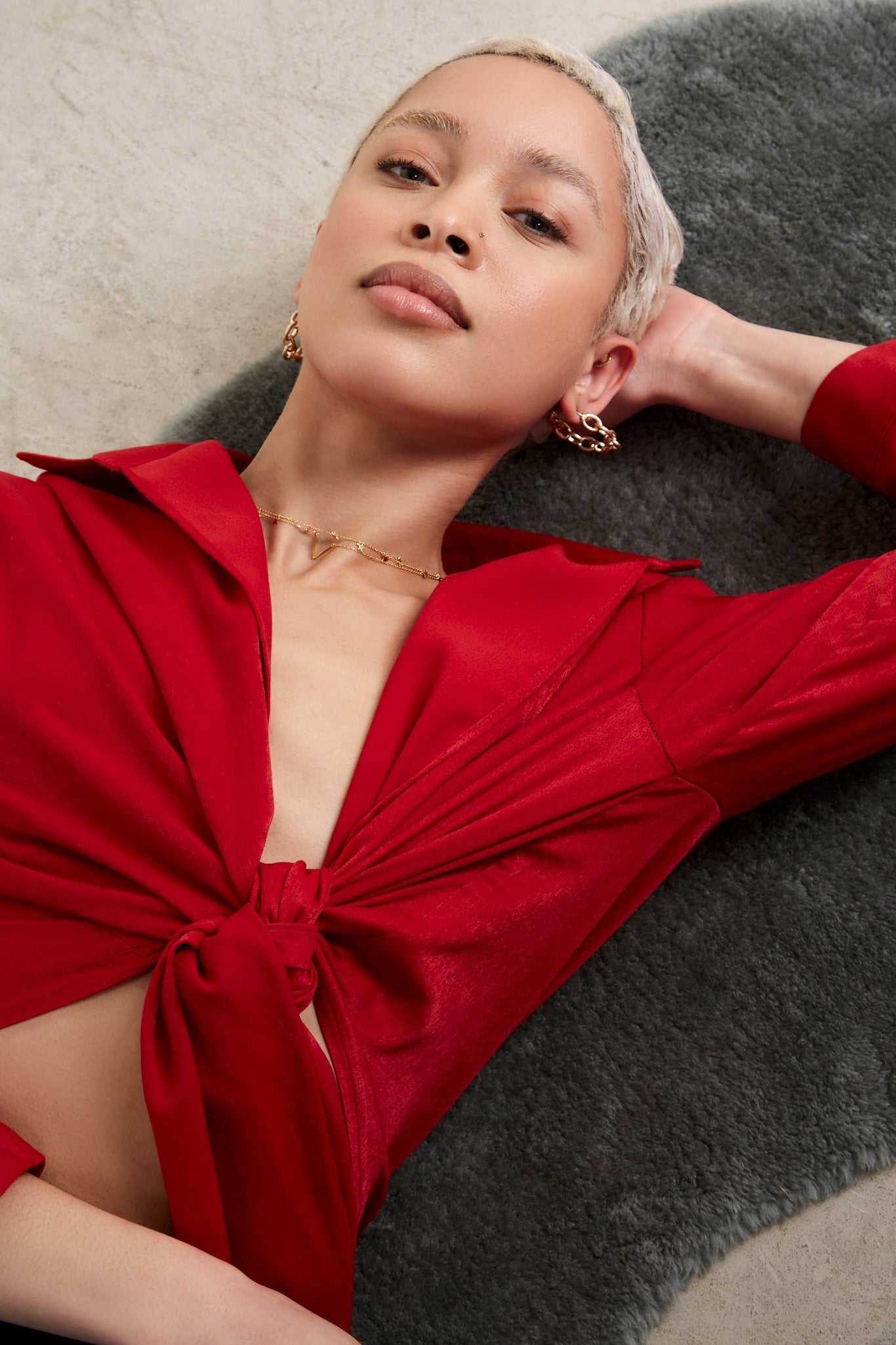 Red silky plunging tie front shirt