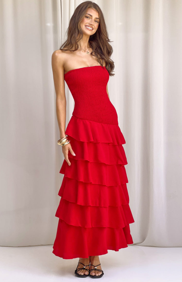Riles Red Strapless Ruffle Maxi Dress