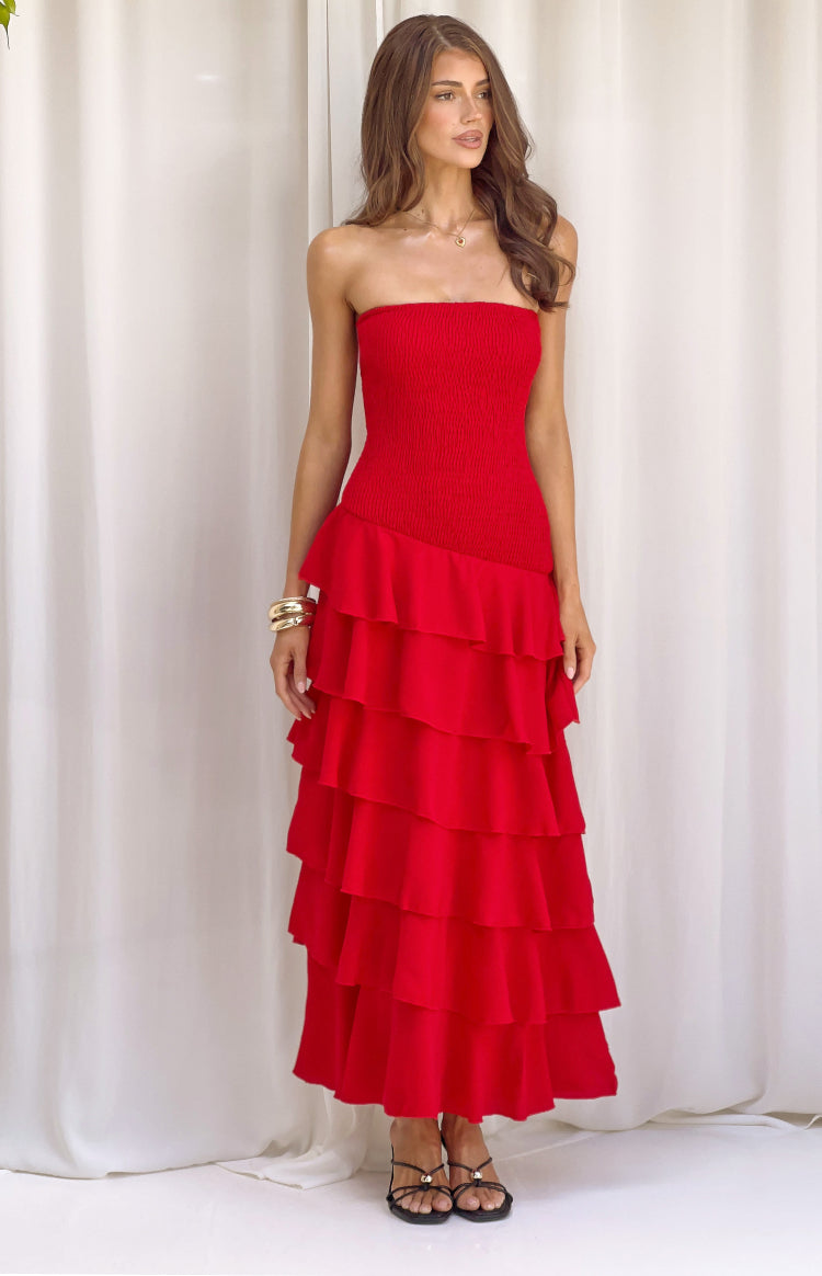 Riles Red Strapless Ruffle Maxi Dress
