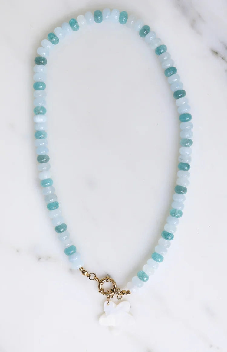 Roche Blue Beaded Flower Charm Necklace